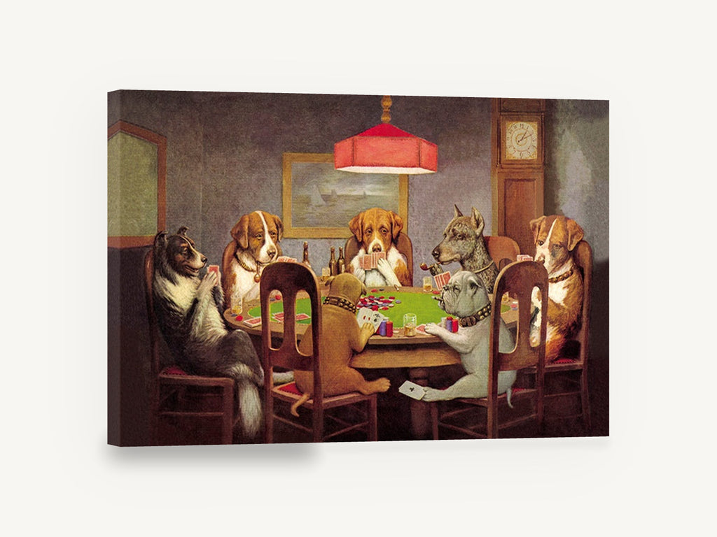 Dogs at the Card Table, dogs playing poker vintage illustration, animal canvas wall art print ready to hang