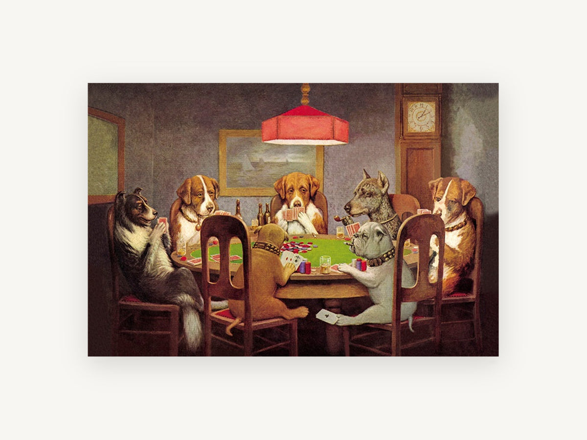 Dogs at the Card Table, dogs playing poker vintage illustration, animal canvas wall art print, front view