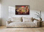 Dogs at the Card Table animal canvas print on the wall of a living room