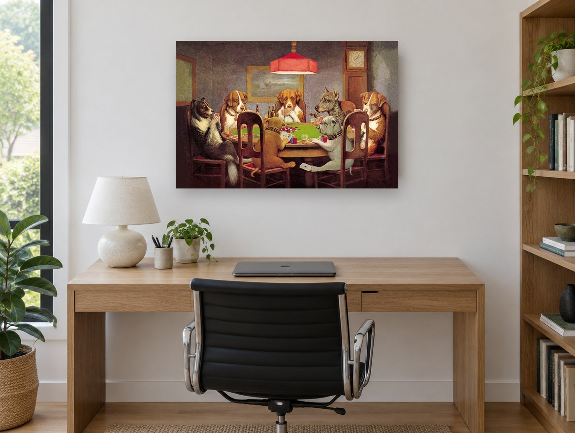 Dogs at the Card Table animal canvas print on the wall of a study