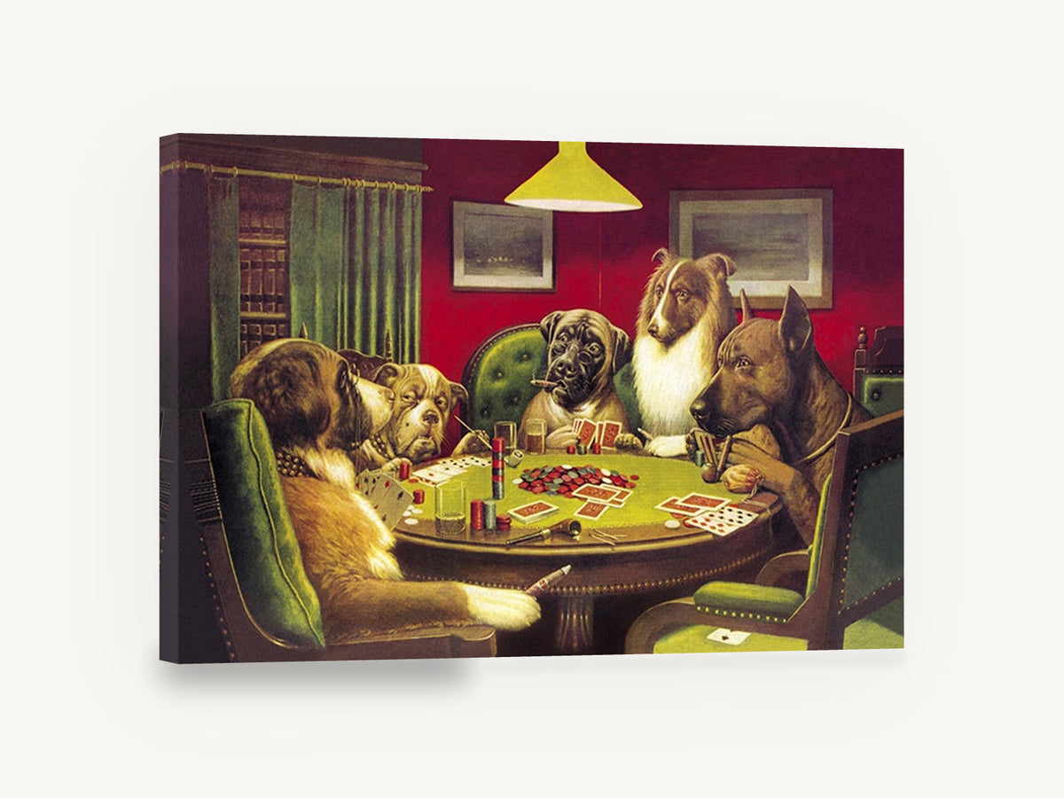 Poker Night Hounds, dogs playing poker vintage illustration, animal canvas wall art print ready to hang