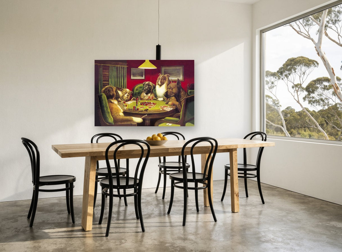 Poker Night Hounds animal canvas print on the wall of a dining room