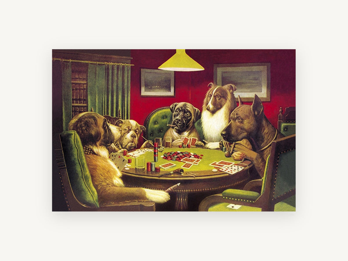 Poker Night Hounds, dogs playing poker vintage illustration, animal canvas wall art print, front view