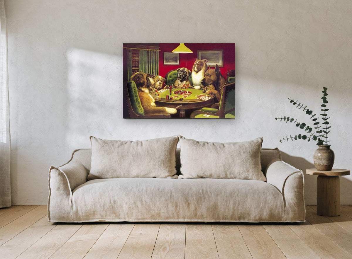 Poker Night Hounds animal canvas print on the wall of a living room