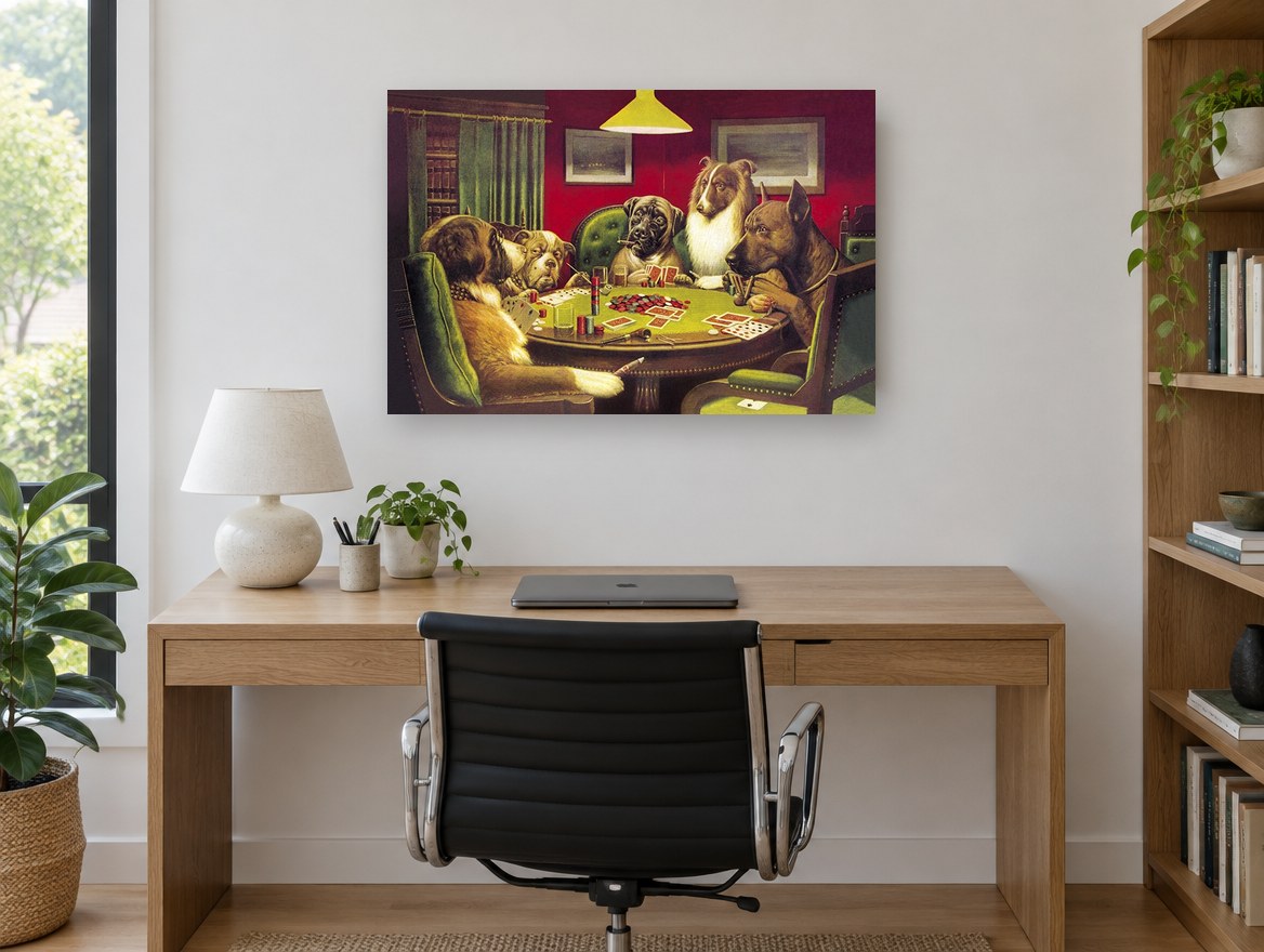 Poker Night Hounds animal canvas print on the wall of a study