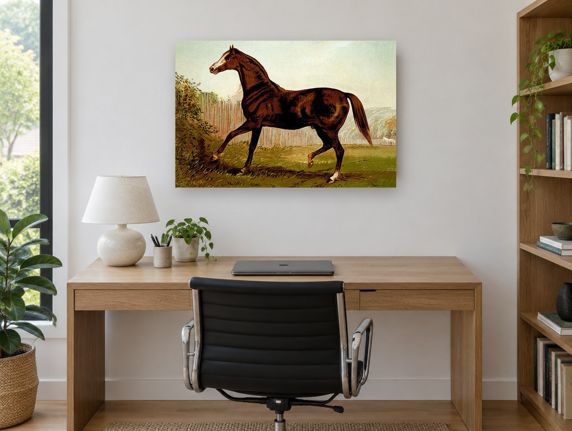 Bay Horse in Paddock landscape canvas print on the wall of a study