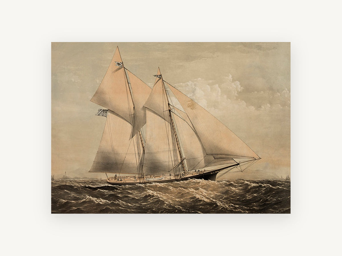 Sepia Schooner Voyager, coastal canvas wall art print, front view