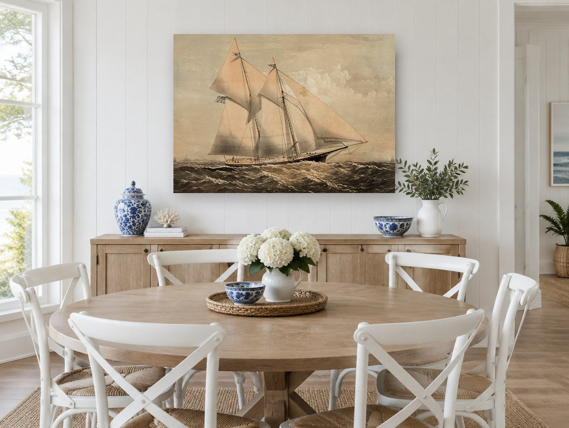 Sepia Schooner Voyager coastal canvas print on the wall of a Hamptons dining room