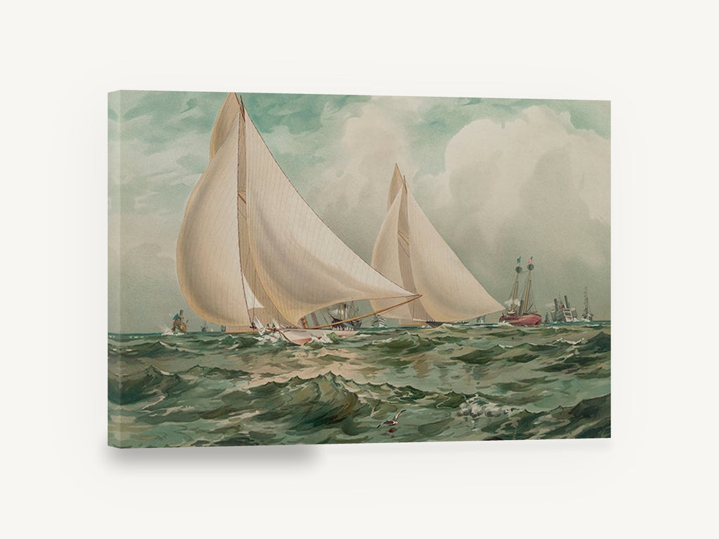 Yacht Race Under Full Sail, vintage racing yachts seascape, coastal canvas wall art print ready to hang