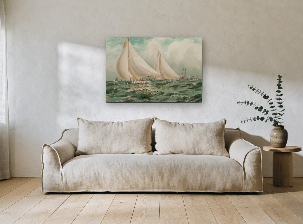 Yacht Race Under Full Sail coastal canvas print on the wall of a living room