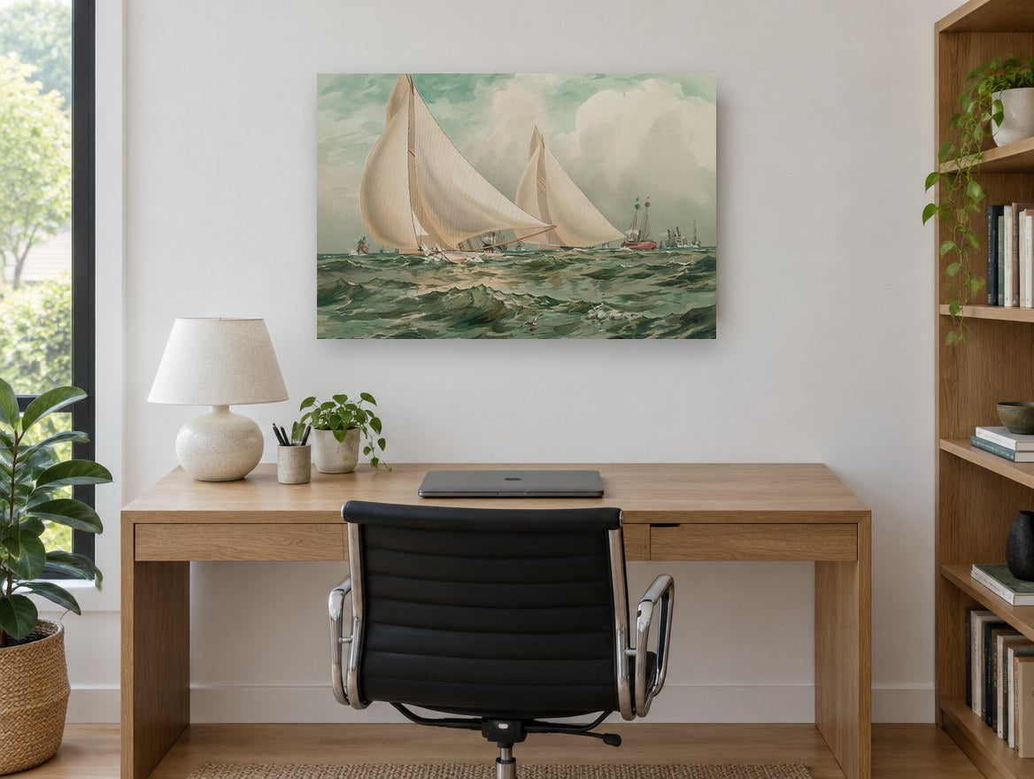 Yacht Race Under Full Sail coastal canvas print on the wall of a study