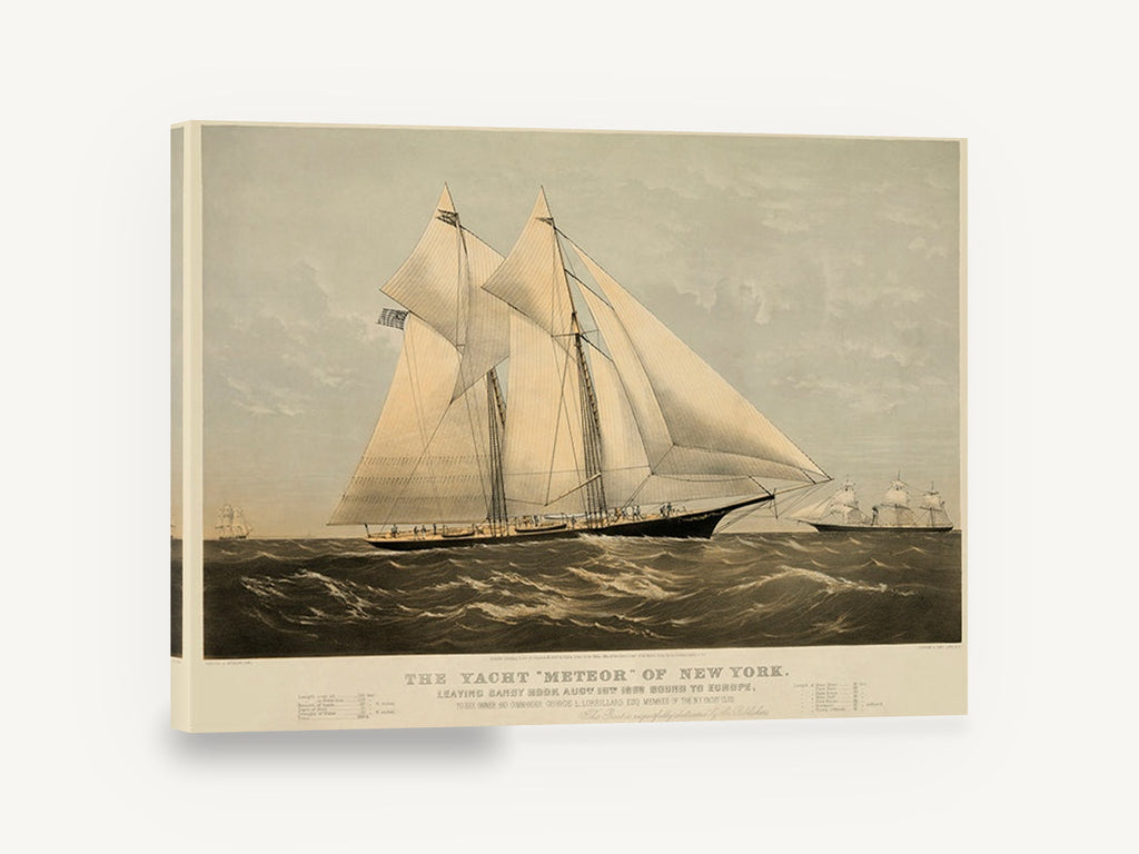 Meteor Under Full Sail, vintage schooner yacht sailing lithograph, coastal canvas wall art print ready to hang