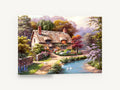 Thatched Cottage Duck Pond, thatched cottage garden duck pond painting, floral canvas wall art print ready to hang