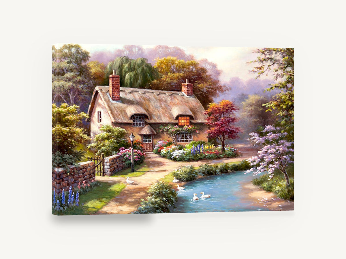 Thatched Cottage Duck Pond, thatched cottage garden duck pond painting, floral canvas wall art print ready to hang