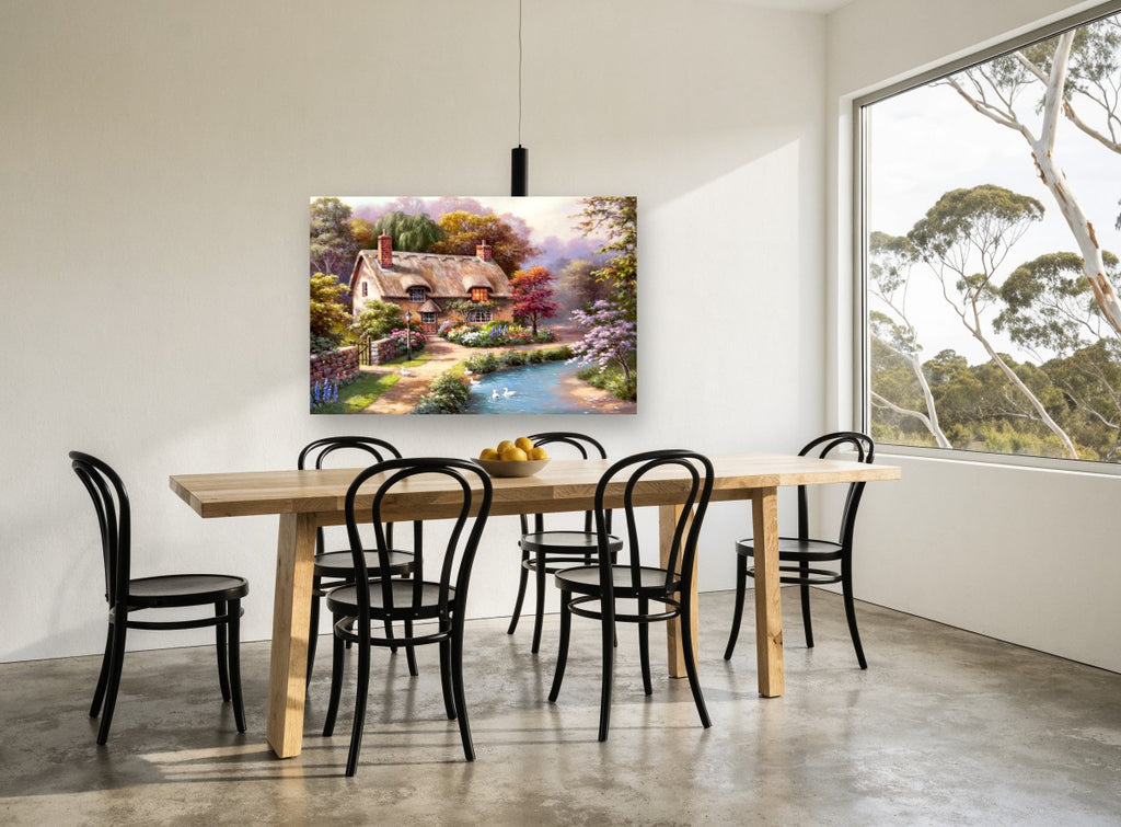Thatched Cottage Duck Pond floral canvas print on the wall of a dining room