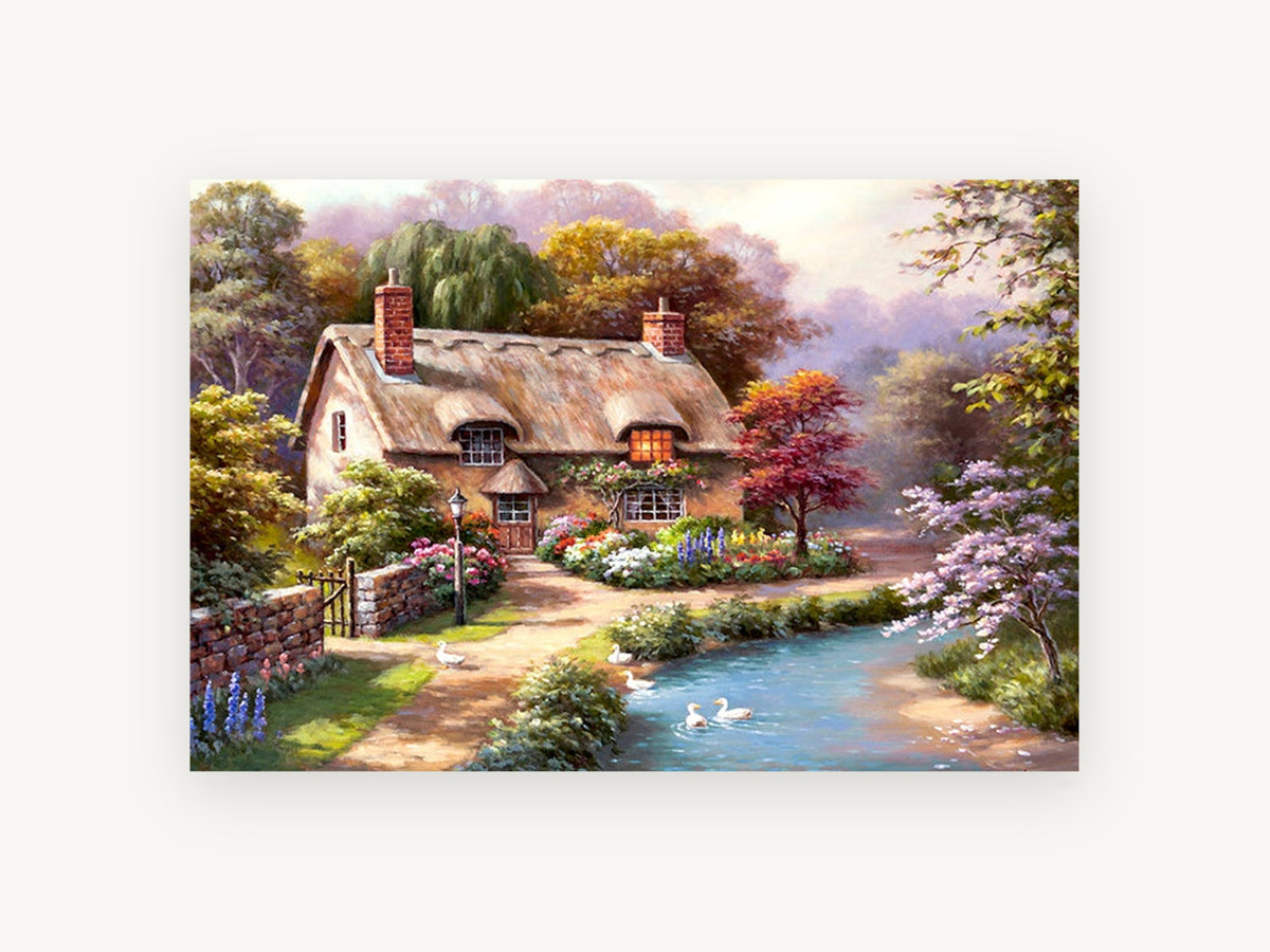 Thatched Cottage Duck Pond, floral canvas wall art print, front view