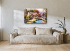 Thatched Cottage Duck Pond floral canvas print on the wall of a living room