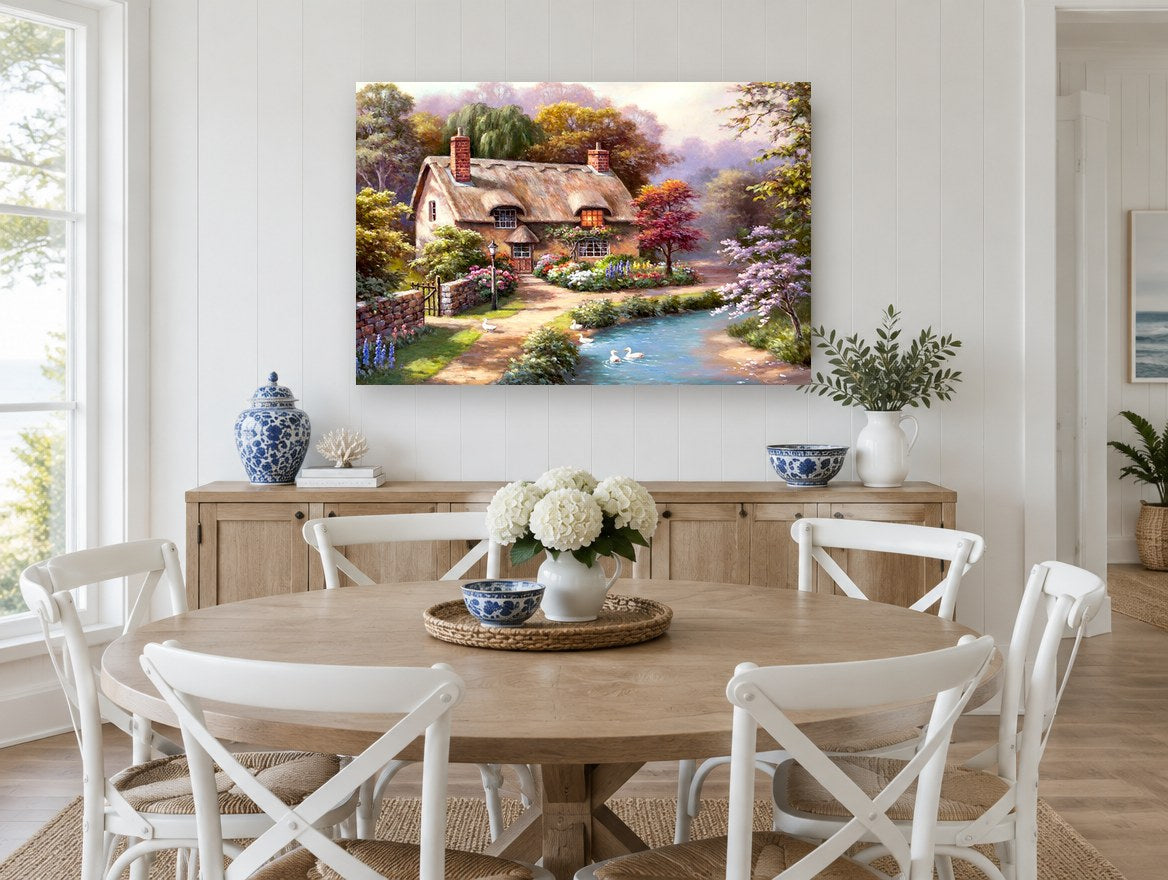 Thatched Cottage Duck Pond floral canvas print on the wall of a Hamptons dining room