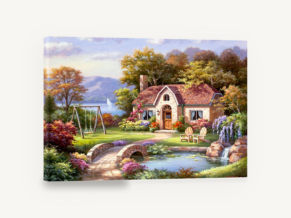 Cottage Garden Pond, stone cottage garden pond painting, floral canvas wall art print ready to hang