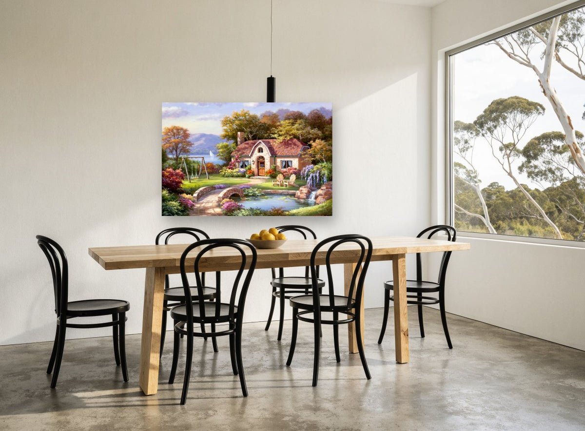 Cottage Garden Pond floral canvas print on the wall of a dining room