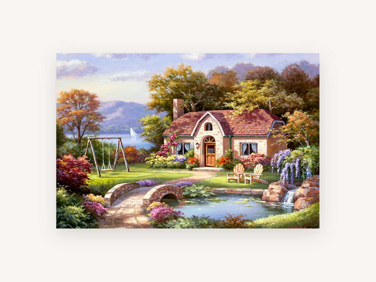 Cottage Garden Pond, floral canvas wall art print, front view