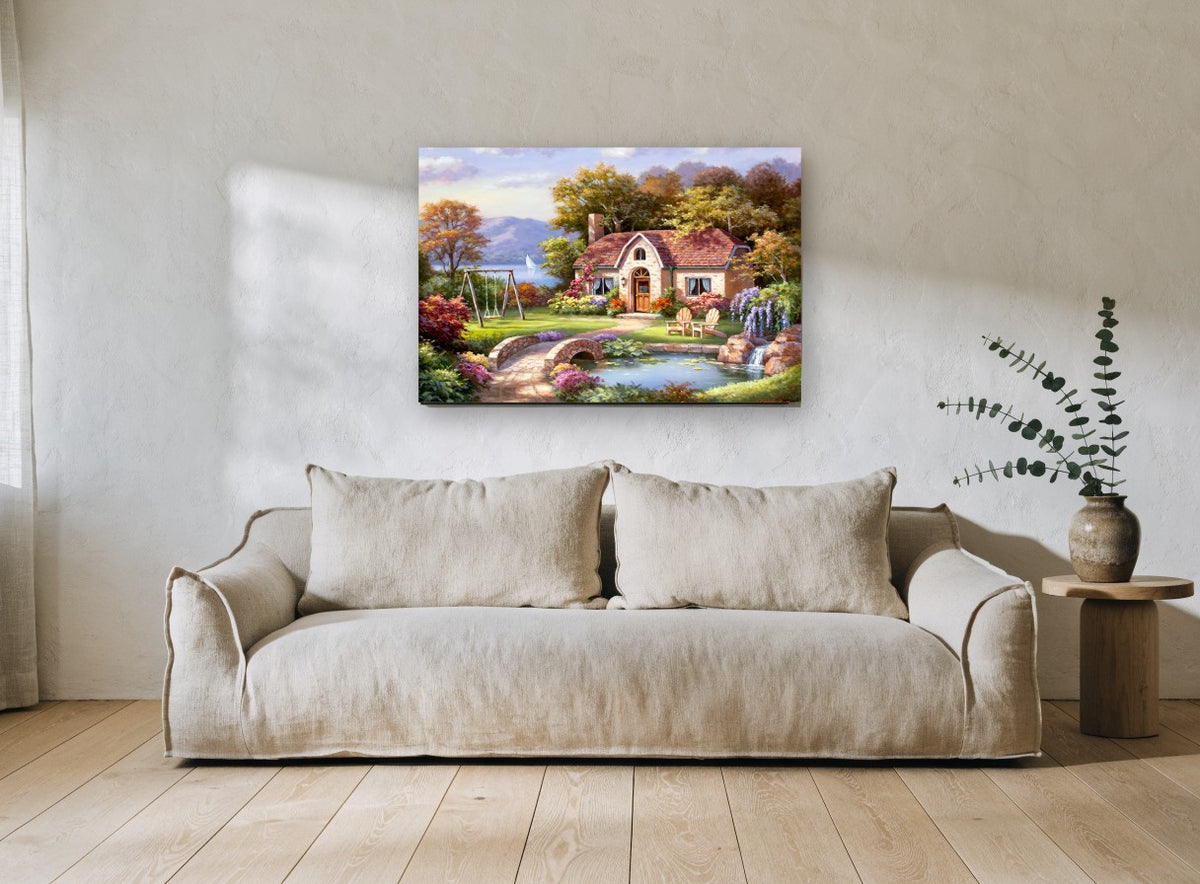 Cottage Garden Pond floral canvas print on the wall of a living room