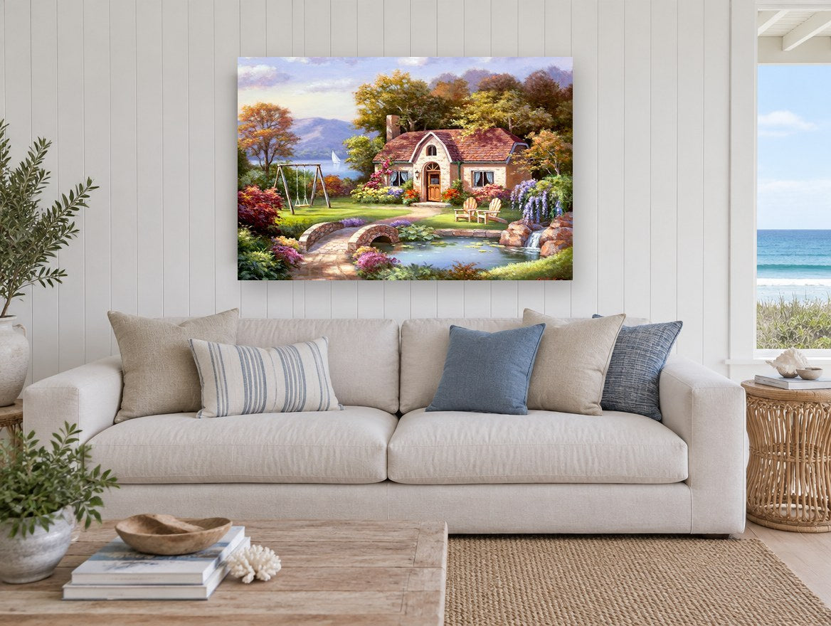 Cottage Garden Pond floral canvas print on the wall of a beach house living room