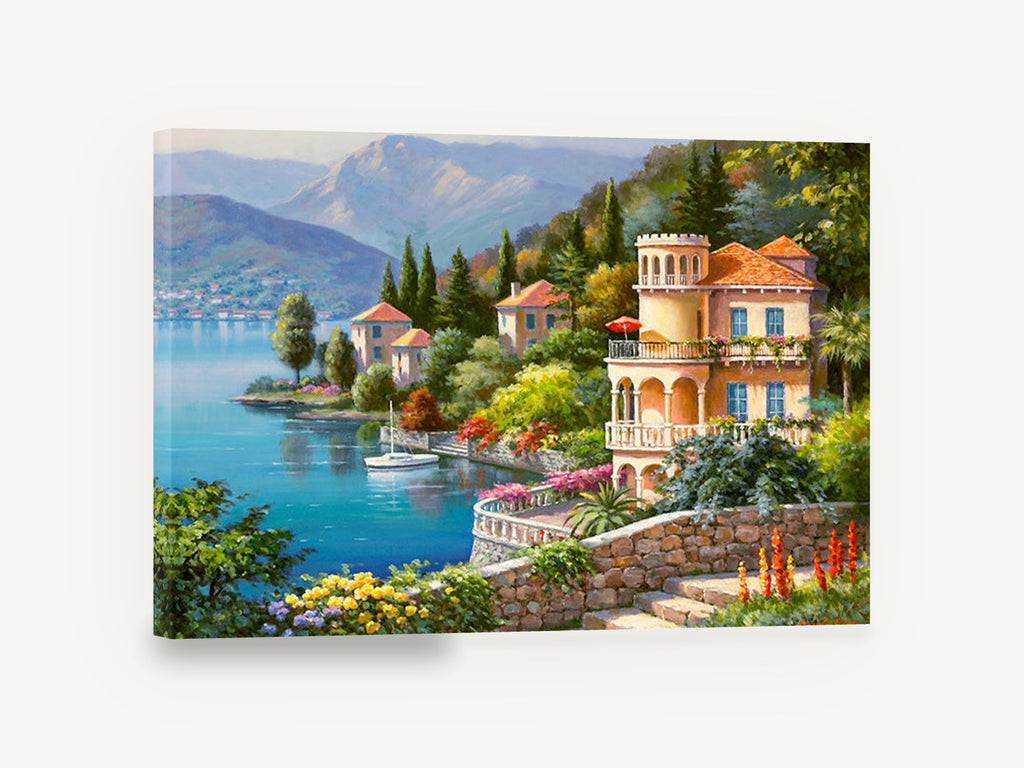 Lakeside Villa Terrace, lakeside villa garden landscape painting, floral canvas wall art print ready to hang