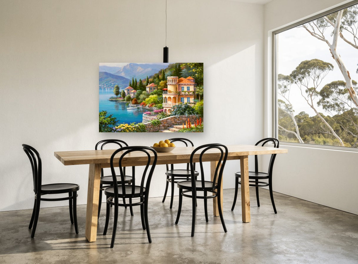 Lakeside Villa Terrace floral canvas print on the wall of a dining room