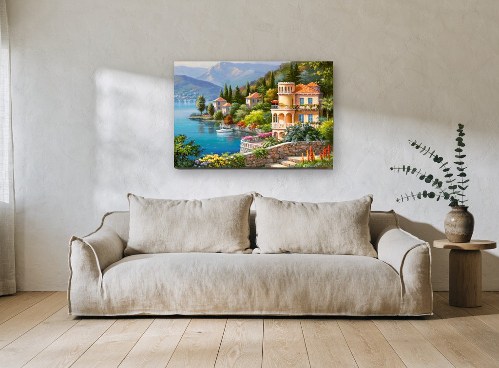Lakeside Villa Terrace floral canvas print on the wall of a living room