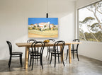 Hilltop Village Blue Sky landscape canvas print on the wall of a dining room