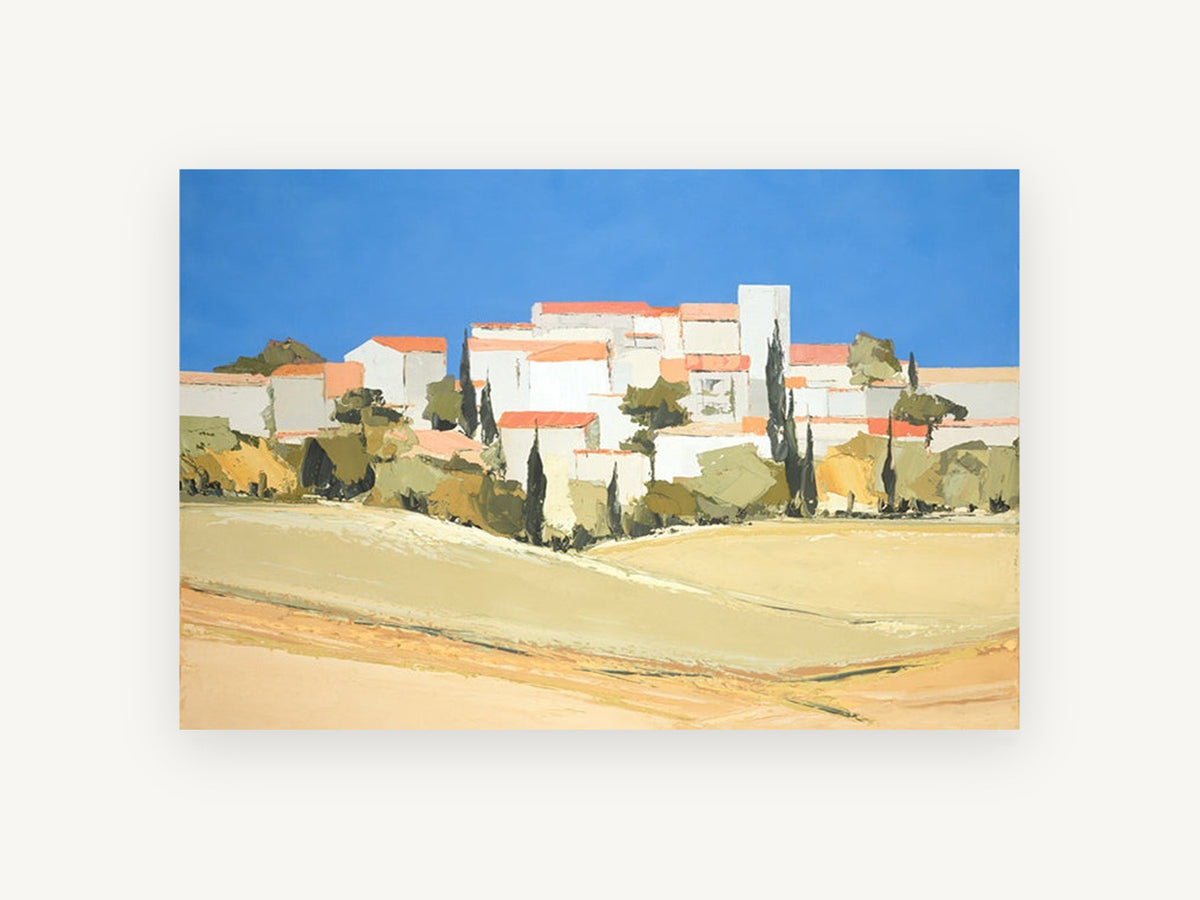 Hilltop Village Blue Sky, hilltop village landscape painting style, landscape canvas wall art print, front view
