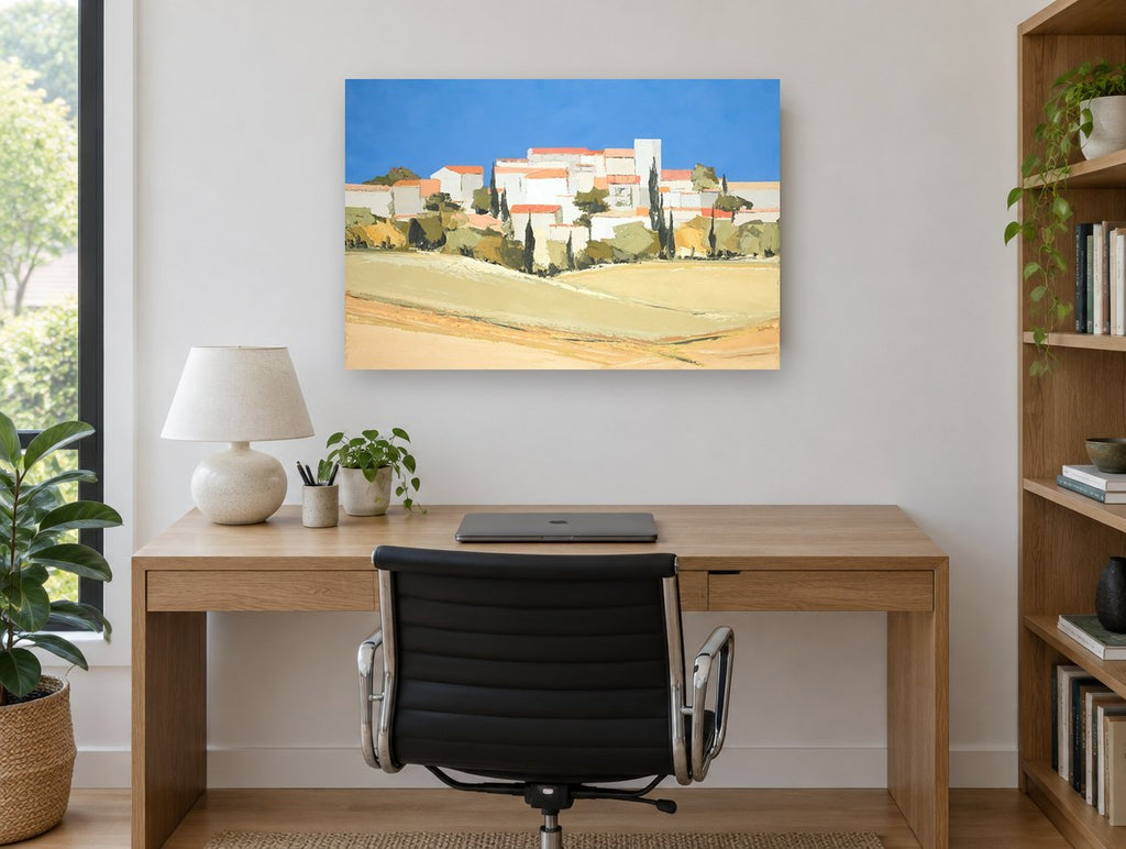 Hilltop Village Blue Sky landscape canvas print on the wall of a study