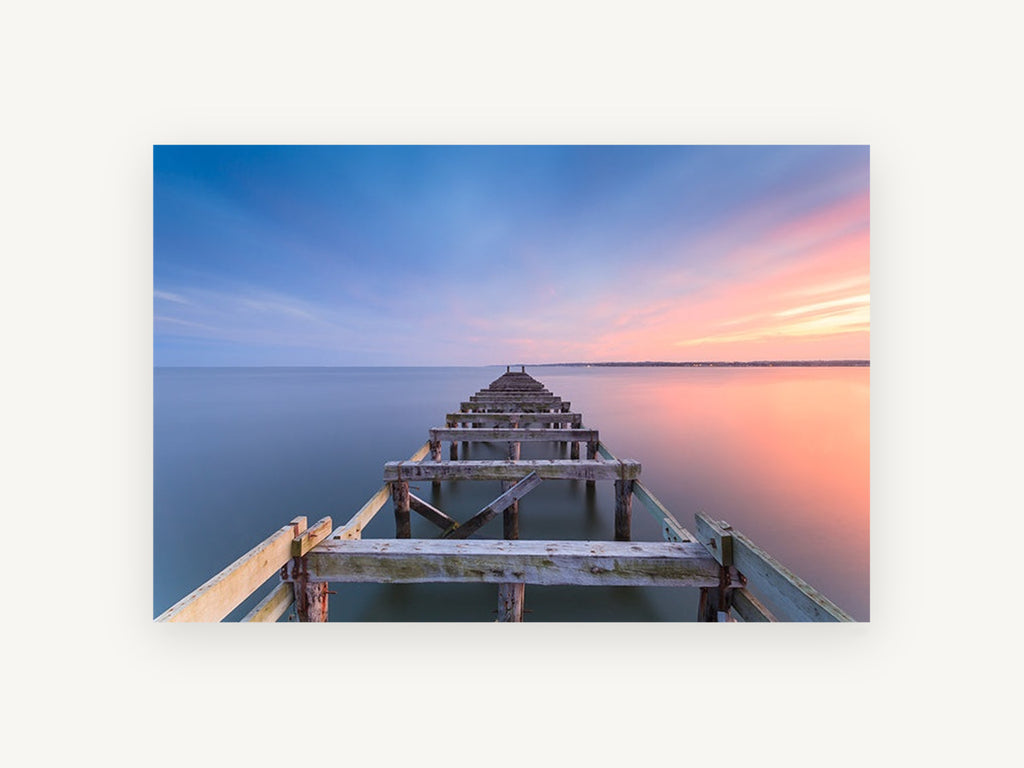 Dusk Along the Old Pier, coastal canvas wall art print, front view