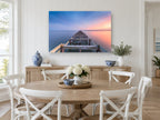 Dusk Along the Old Pier coastal canvas print on the wall of a Hamptons dining room