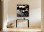 Autobahn Race Car 70 vintage canvas print on the wall of a hallway