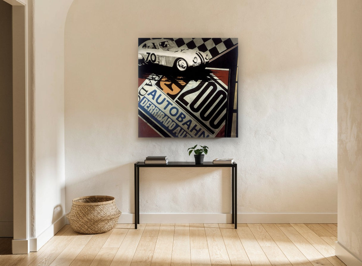 Autobahn Race Car 70 vintage canvas print on the wall of a hallway