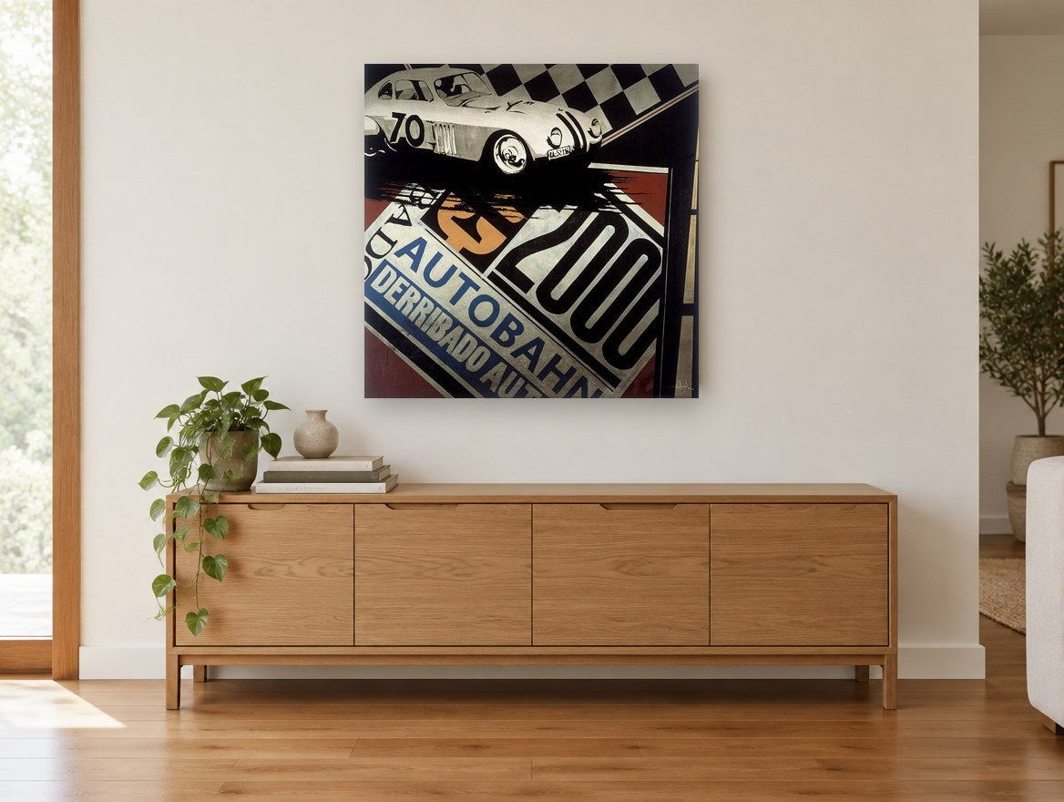 Autobahn Race Car 70 vintage canvas print on the wall of a living room above a sideboard