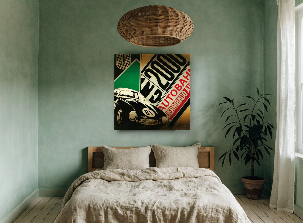 Autobahn Racer 81 vintage canvas print on the wall of a bedroom