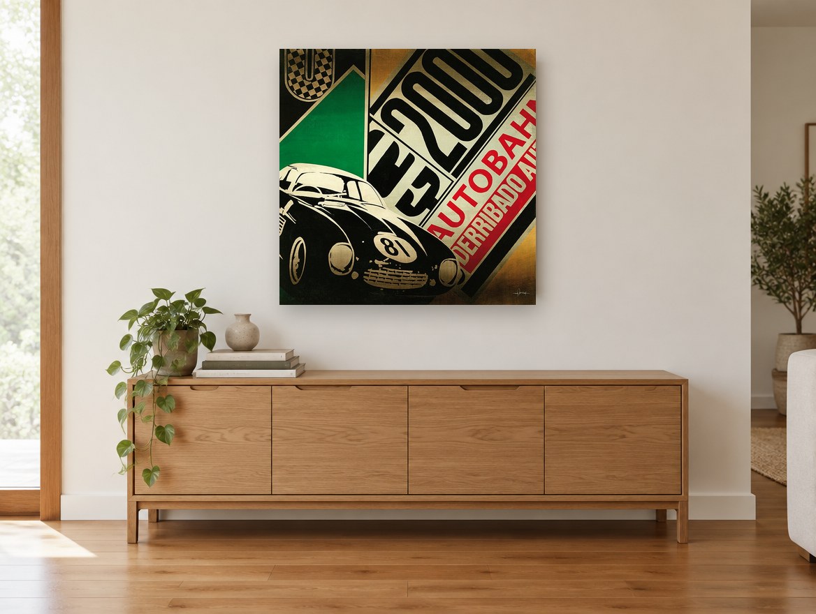 Autobahn Racer 81 vintage canvas print on the wall of a living room above a sideboard
