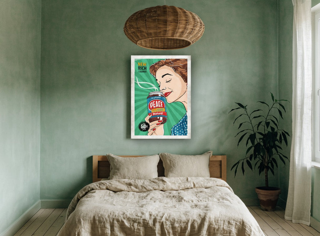 Instant Peace Jar vintage canvas print on the wall of a bedroom