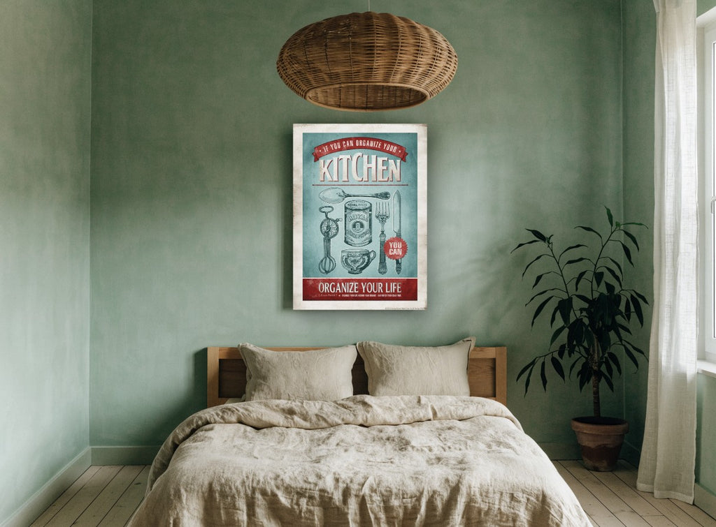 Organize Your Kitchen vintage canvas print on the wall of a bedroom