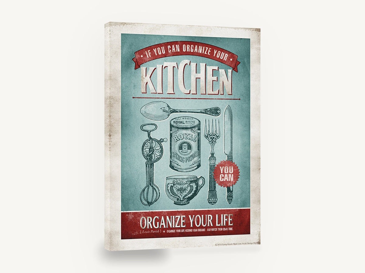 Organize Your Kitchen, retro kitchen utensils typography poster, stretched canvas wall art print ready to hang