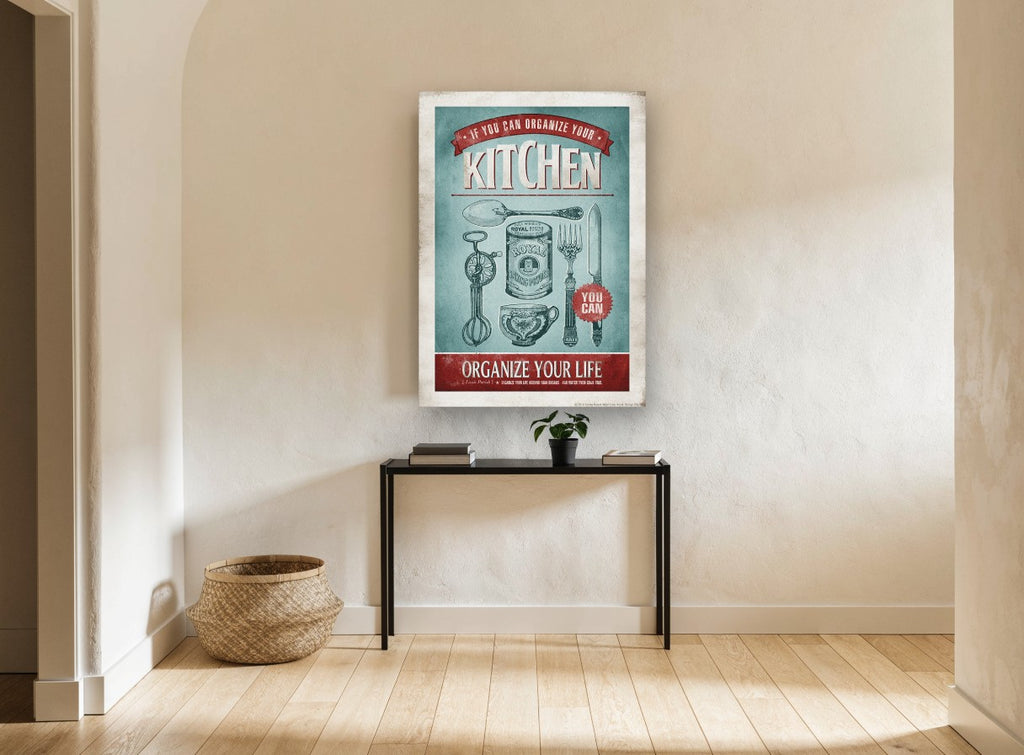 Organize Your Kitchen vintage canvas print on the wall of a hallway
