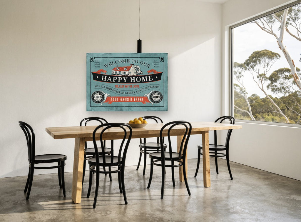 Welcome to Our Happy Home vintage canvas print on the wall of a dining room
