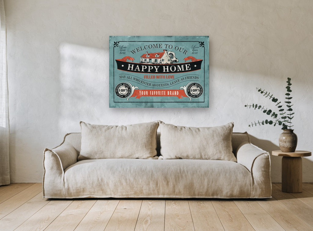 Welcome to Our Happy Home vintage canvas print on the wall of a living room