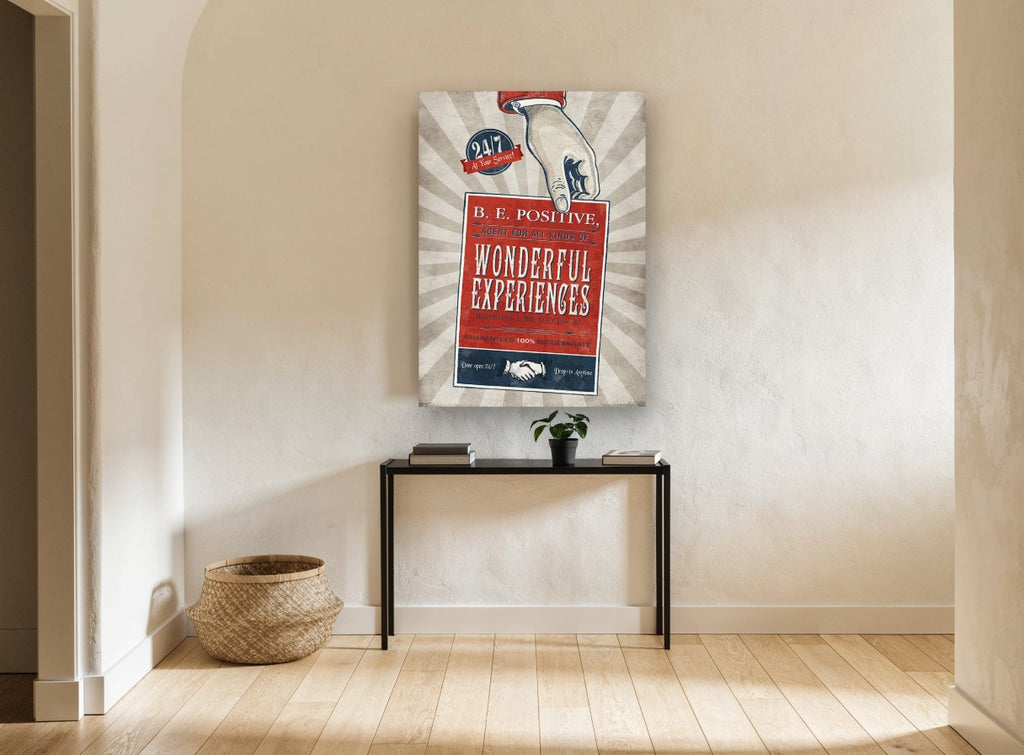 Be Positive Agent vintage canvas print on the wall of a hallway