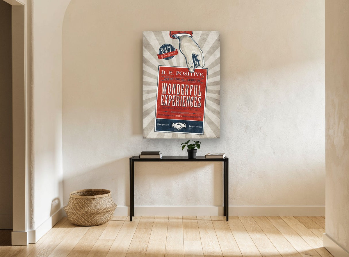 Be Positive Agent vintage canvas print on the wall of a hallway
