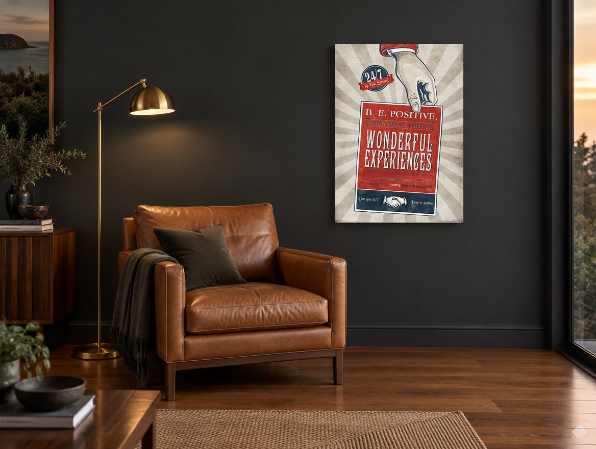 Be Positive Agent vintage canvas print on the wall of a charcoal living room