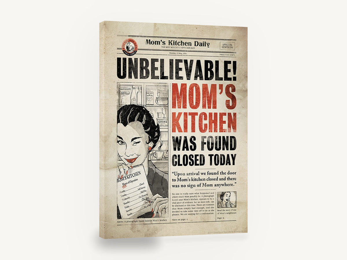 Mom's Kitchen Closed, vintage newspaper kitchen typography poster, kitchen canvas wall art print ready to hang